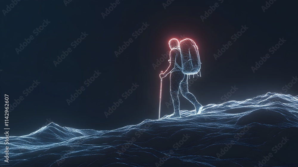 Obraz premium Backpacker climbing neon lit hill with radiant glow in dark environment