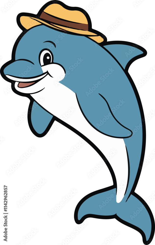 Fototapeta premium A fun and cute cartoon dolphin swimming in the ocean with a playful silhouette
