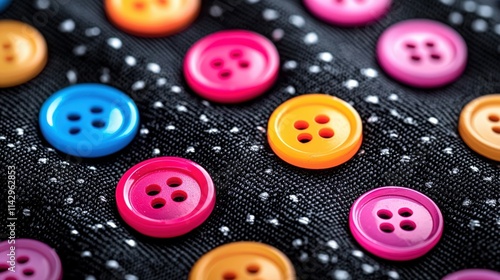 Vibrant macro shot showcasing neon plastic buttons against black fabric photo