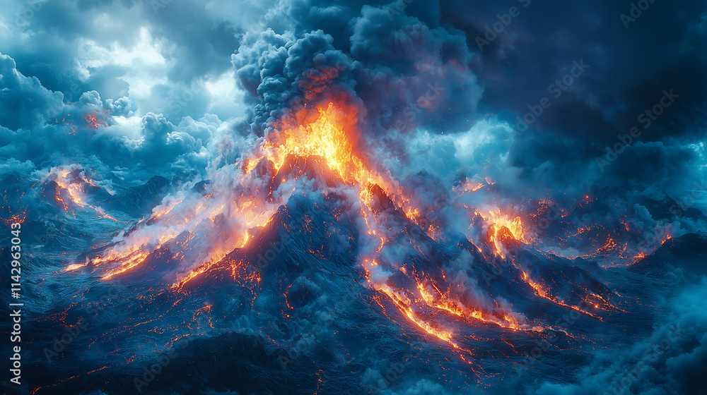 Fototapeta premium volcanic fury unleashes with fiery explosions and billowing smoke over a rugged landscape