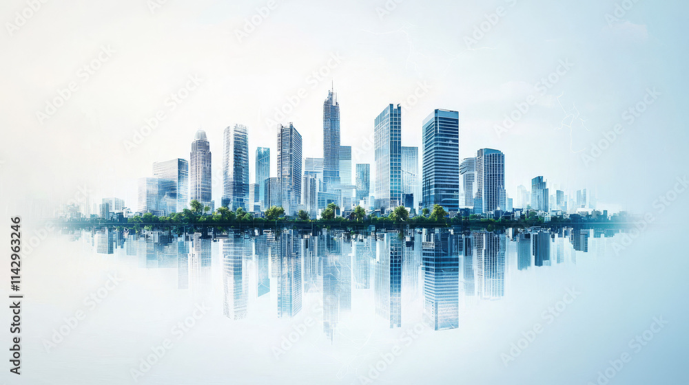 Fototapeta premium Modern Cityscape, Urban Skyline, Futuristic Architecture, Reflection, Green Spaces