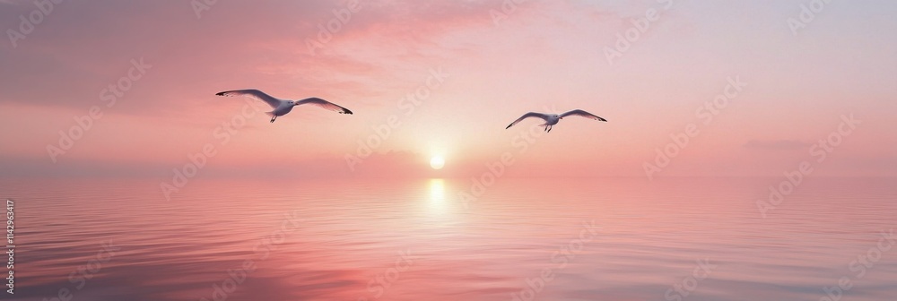 Seagulls flying over calm waters at sunrise with pastel colors in the sky Seagulls flying over calm waters at sunrise with pastel colors in the sky