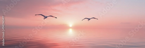 Seagulls flying over calm waters at sunrise with pastel colors in the sky