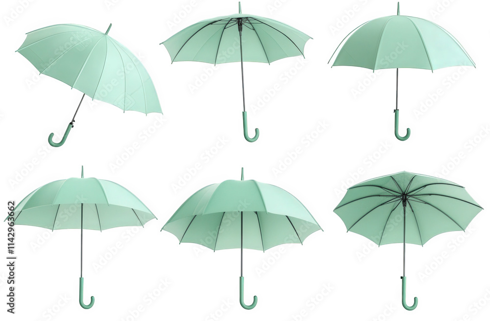 a set of six green umbrellas isolated on a transparent background. shown in various positions a set of six green umbrellas isolated on a transparent background. shown in various positions