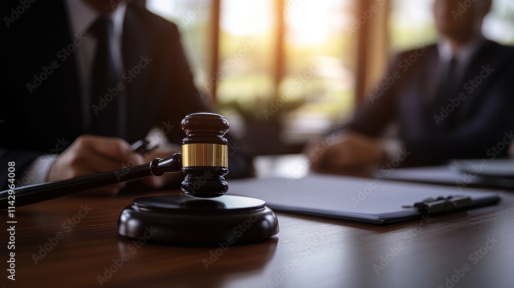 Gavel on table with blurred lawyers in meeting. Gavel on table with blurred lawyers in meeting.