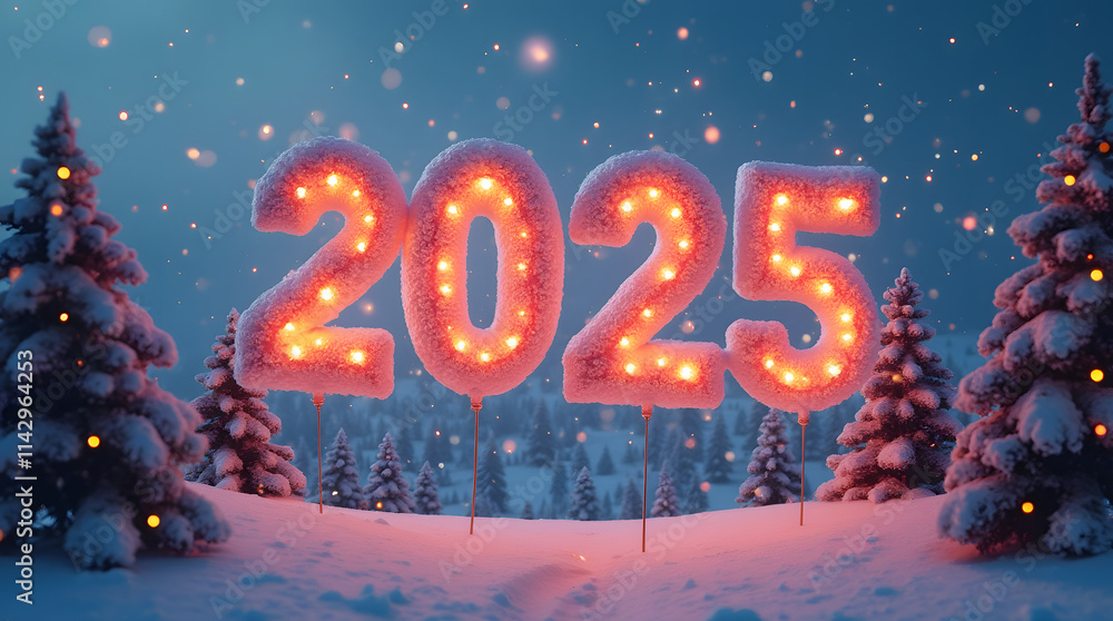 Glowing balloons in the shape of '2025' floating in a winter sky above snowy hills and festive trees Glowing balloons in the shape of '2025' floating in a winter sky above snowy hills and festive trees