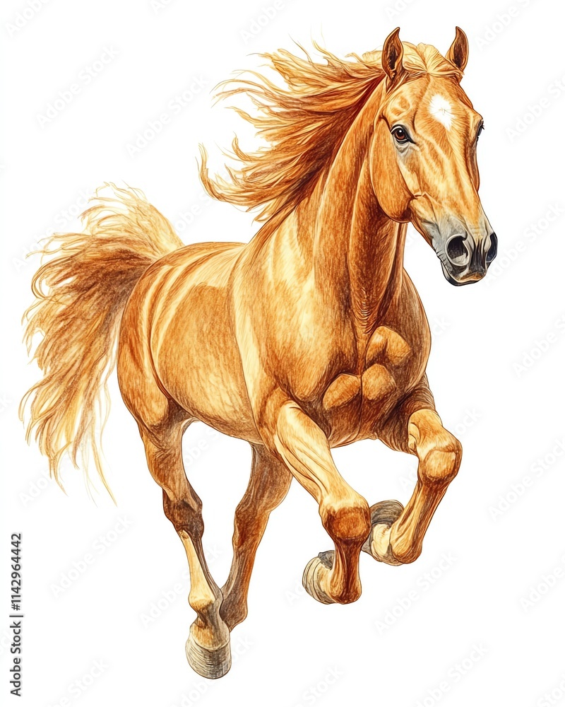 Obraz premium a vibrant pencil-color illustration of a confident horse mid-gallop, bright tan coat with flowing mane, clean pastel style, sharp focus, isolated on white.