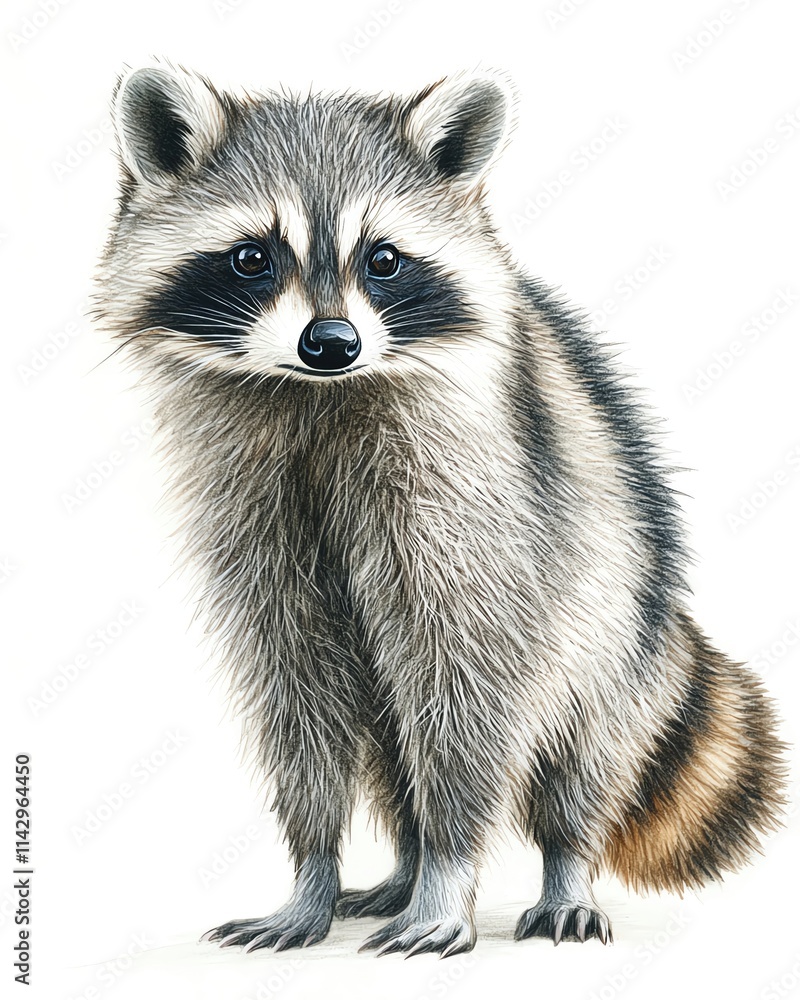 Fototapeta premium a vibrant pencil-color illustration of a mischievous raccoon standing upright, bright gray fur and its black mask drawn in clean, simple lines, isolated on white.