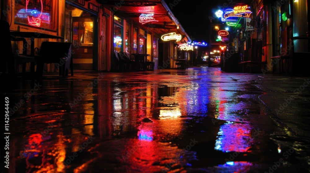 Fototapeta premium Night street scene with colorful neon signs reflected in wet pavement.