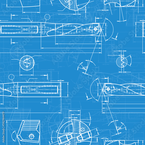 Mechanical engineering drawings on blue background. Drill tools, borer. Technical Design. Cover. Blueprint. Vector illustration. Seamless pattern.