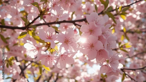 Pink cherry blossoms in full bloom, sunlight dappling through delicate petals, landscape, sakura, vibrant color