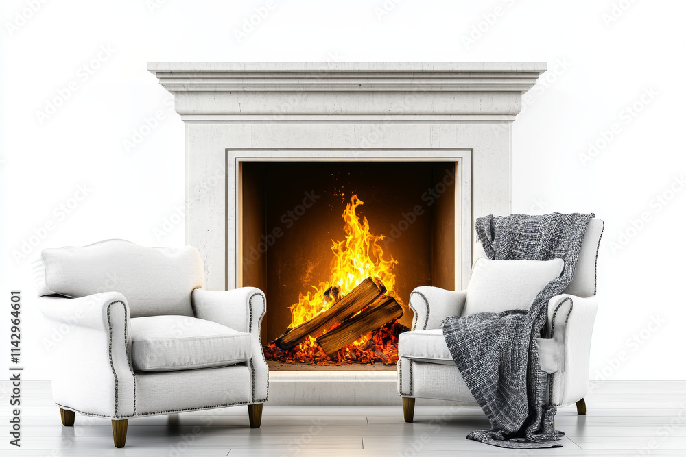 Fototapeta premium Cozy Armchairs, Fireplace, Natural Wood Fire, White Background, Home Interior