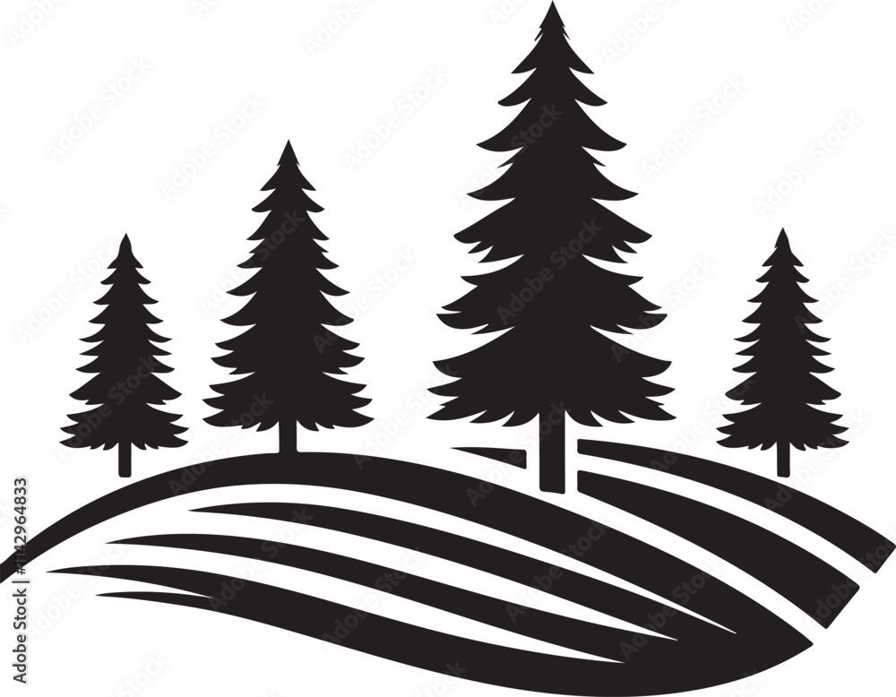 Fototapeta premium Silhouette vector EPS file of a pine tree forest, perfect for nature designs, outdoor themes, environmental projects, rustic decorations, and landscape illustrations.