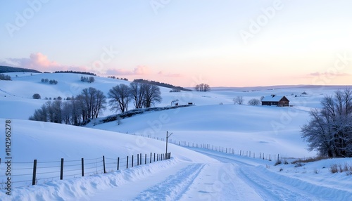 Wallpaper Mural Serene winter landscape snowy hills farmhouse dawn sky nature Torontodigital.ca