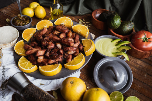 meat mounted on yellow lemon slices and garnishes