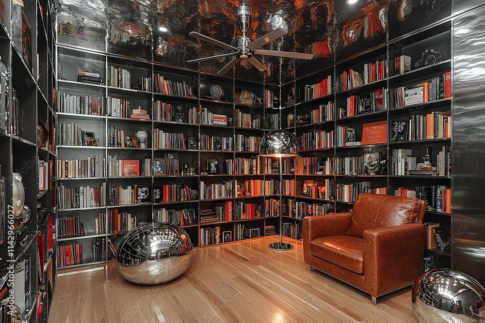 Cozy modern library with leather chair and metallic decor in home interior design Cozy modern library with leather chair and metallic decor in home interior design