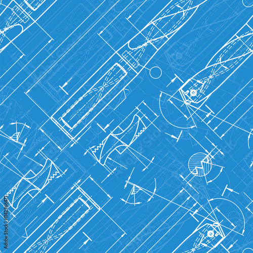 Mechanical engineering drawings on blue background. Drill tools, borer. Technical Design. Cover. Blueprint. Vector illustration. Seamless pattern.