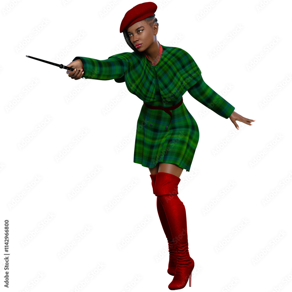 3D rendered female character with a green plaid coat, red boots and red hat isolated on transparent background 3D rendered female character with a green plaid coat, red boots and red hat isolated on transparent background
