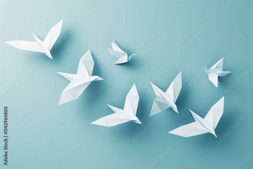Dove Graphic. Origami Birds Flying Overhead in Pastel Blue Background Dove Graphic. Origami Birds Flying Overhead in Pastel Blue Background