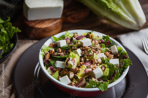 sweet fresh salad with feta cheese. Close up
