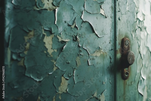 Faded green door with chipped paint, rusted knob, and textured surface, narrating a story of passage and endurance through time. photo