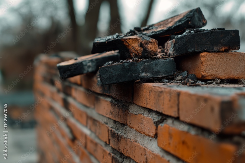 Scorched bricks sit atop a wall, remnants of a past fire, echoing stories of resilience and reconstruction.
