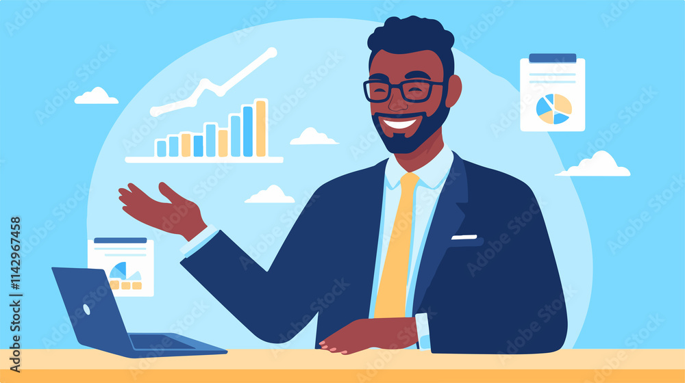 Confident African businessman presenting business plan with enthusiasm Confident African businessman presenting business plan with enthusiasm