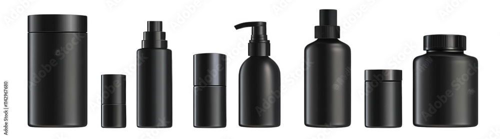 a collection of black cosmetic bottles and jars of various sizes with different types of closures. such as pumps. sprays. and caps. isolated on a transparent background a collection of black cosmetic bottles and jars of various sizes with different types of closures. such as pumps. sprays. and caps. isolated on a transparent background