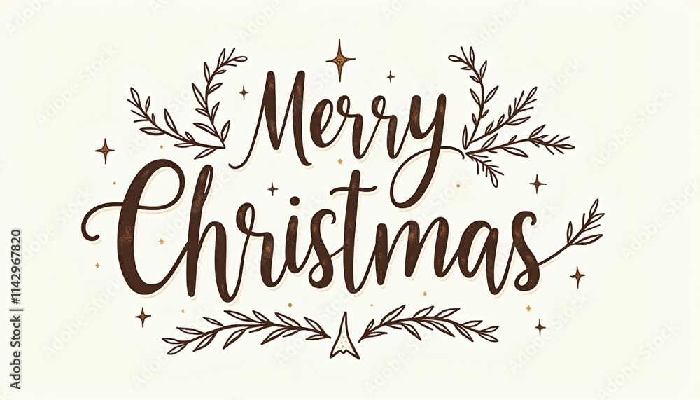 Obraz premium Merry Christmas Calligraphy with Festive Foliage and Star Pattern on a Cream Background