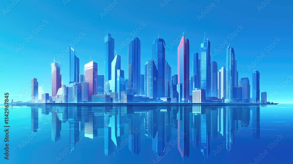 Modern skyscrapers of a smart city, futuristic financial district, graphic perspective of buildings and reflections - Architectural blue background for corporate and business brochure template Modern skyscrapers of a smart city, futuristic financial district, graphic perspective of buildings and reflections - Architectural blue background for corporate and business brochure template