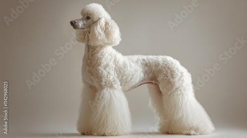 Elegant standard poodle in classic groomed style in studio