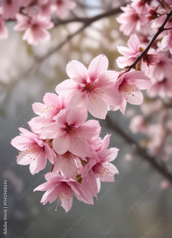 Soft pink sakura petals gently descend against a blurred background , nature background, falling, dreamy Soft pink sakura petals gently descend against a blurred background , nature background, falling, dreamy