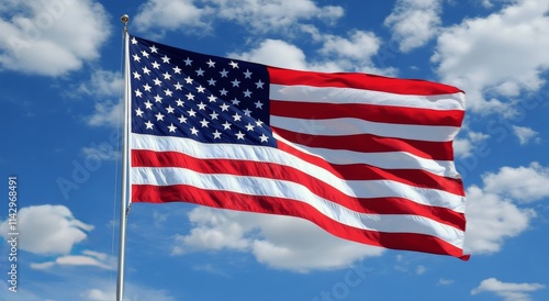 American flag waving against a clear blue sky with white fluffy clouds