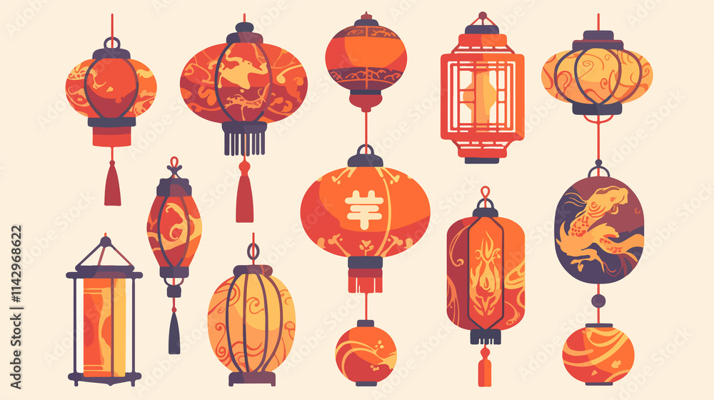 Chinese New Year Vector Icons Set with Paper Lantern Chinese New Year Vector Icons Set with Paper Lantern