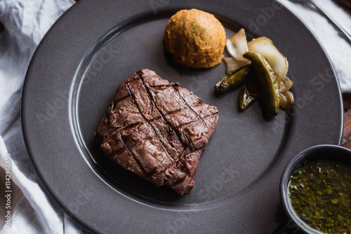 picaña with garnishes (pure and chillies), top view
