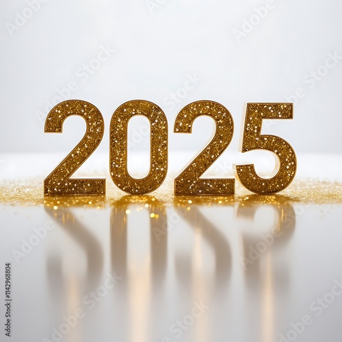 Modern professional photograph set against a pristine white background, featuring the year "2025" emblazoned in a bold, golden font with intricate and scattered golden glitterings.