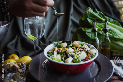 fresh salad with lemon and dressing