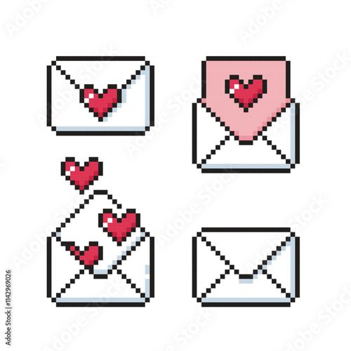 Love letter pixel art set. Envelopes with red hearts and simple closed envelope.