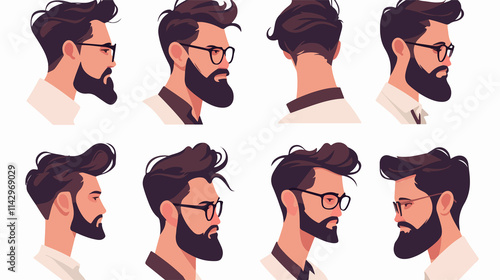 Bearded Hipster Man and Male Hairstyle Set in Cartoon Style