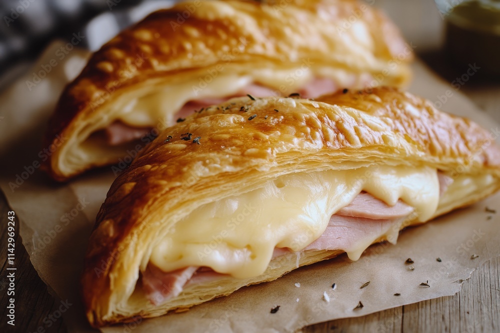 Close-up of a flaky croissant stuffed with ham and cheese, highlighting its golden, crispy texture with a tempting melted interior. Close-up of a flaky croissant stuffed with ham and cheese, highlighting its golden, crispy texture with a tempting melted interior.