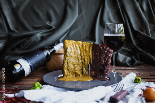 BBQ rib accompanied by sauces and wine photo