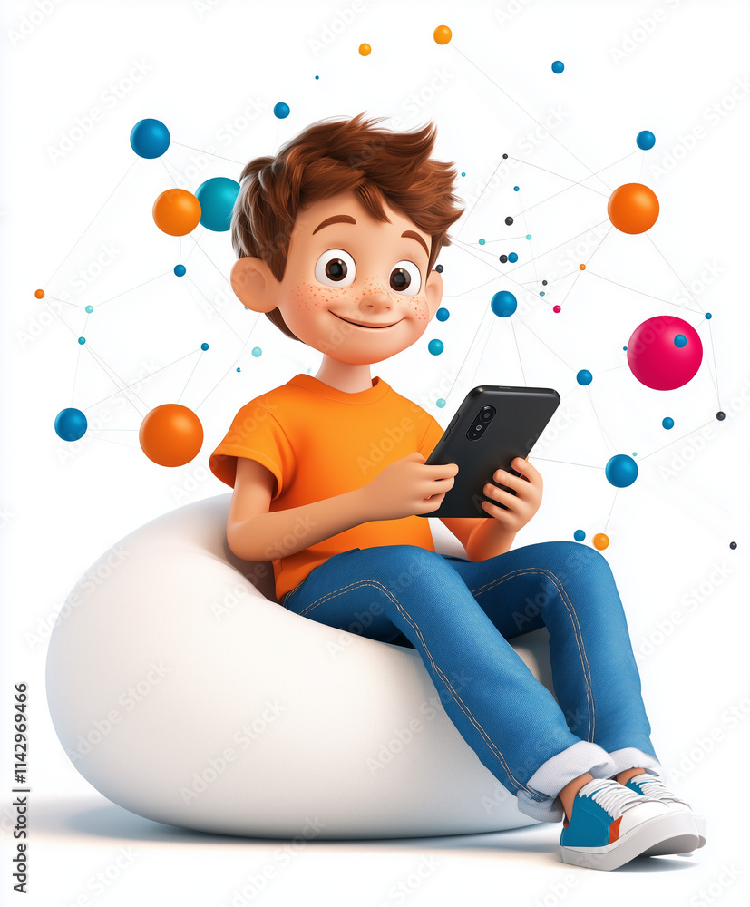Fototapeta premium 3d excited kid using phone over colorful background