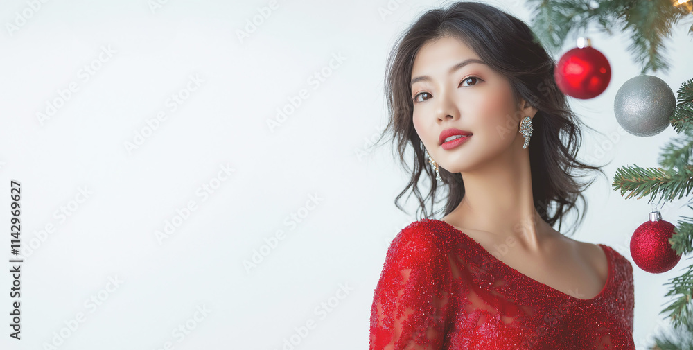 Festive Asian Woman in Red Dress Posing Gracefully Near Christmas Tree Decor Festive Asian Woman in Red Dress Posing Gracefully Near Christmas Tree Decor