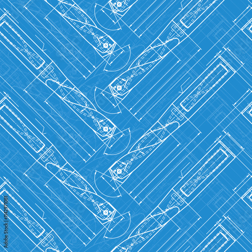 Mechanical engineering drawings on blue background. Drill tools, borer. Technical Design. Cover. Blueprint. Vector illustration. Seamless pattern.