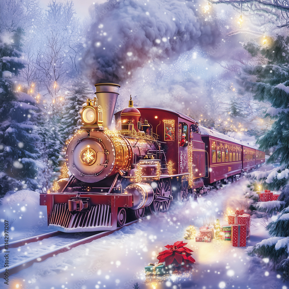 Festive Train Through the North Pole, A festive train surrounded by twinkling lights and gifts Festive Train Through the North Pole, A festive train surrounded by twinkling lights and gifts