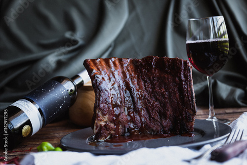BBQ rib accompanied by wine