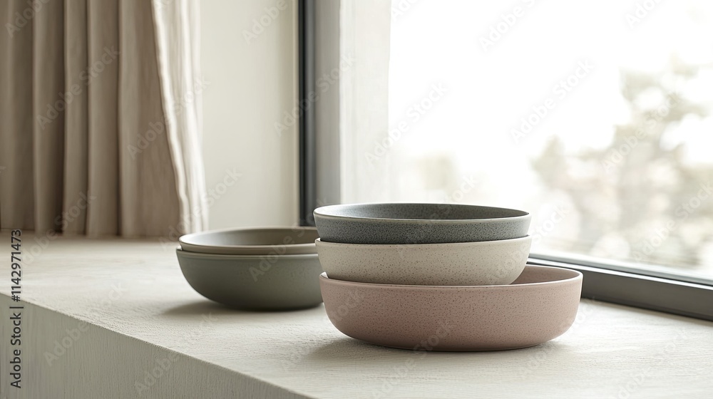 Modern ceramic bowls in muted pastel colors, arranged with balance and simplicity to evoke an elegant and calming kitchen aesthetic. Modern ceramic bowls in muted pastel colors, arranged with balance and simplicity to evoke an elegant and calming kitchen aesthetic.