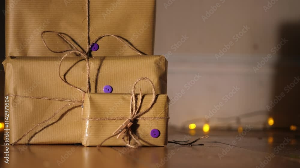 Gift wrapped in brown paper and string with Christmas lights bokeh background Gift wrapped in brown paper and string with Christmas lights bokeh background