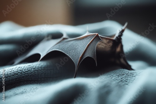 A diminutive bat rests on a soft, textured fabric, its delicate wings partially spread, evoking feelings of wonder and curiosity. photo