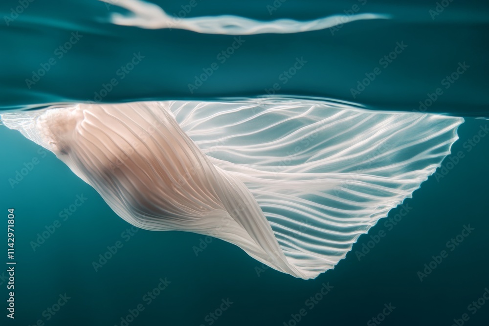 Fototapeta premium A delicate, ethereal fabric floats gracefully underwater, its translucent folds creating a mesmerizing dance of light and shadow.